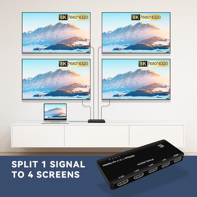 PAKLIMCN 8K HDMI Splitter 1 in 4 out 4K 120Hz, HDMI Duplicator Adapter 1 to 4 Output Simultaneously for 4 Displays, Support Full HD 1080P 3D HDCP 1.4 for PS3/4, Blu-Ray DVD Player - Not for Extend(8K1in 4 out) - Image 3